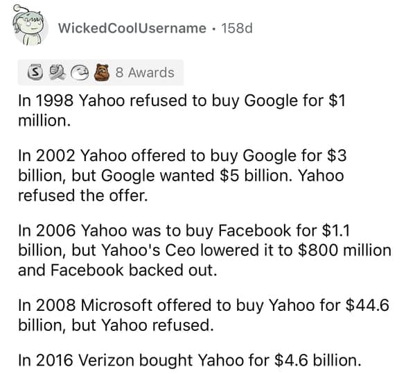 In 1998 Yahoo refused to buy Google for $1 million. In 2002 Yahoo offered to buy Google for $3 billion, but Google wanted $5 billion. Yahoo refused the offer. In 2006 Yahoo was to buy Facebook for $1.1 billion, but Yahoo's Ceo lowered it to $800 million and Facebook backed out. In 2008 Microsoft offered to buy Yahoo for $44.6 billion, but Yahoo refused. In 2016 Verizon bought Yahoo for $4.6 billion.