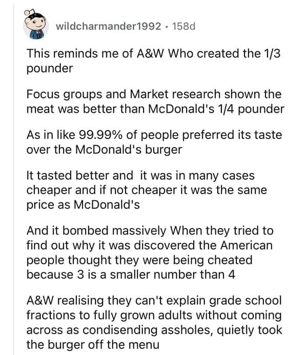 This reminds me of A&W Who created the 1/3 pounder Focus groups and Market research shown the meat was better than McDonald's 1/4 pounder As in like 99.99% of people preferred its taste over the McDonald's burger It tasted better and it was in many cases cheaper and if not cheaper it was the same price as McDonald's And it bombed massively When they tried to find out why it was discovered the American people thought they were being cheated because 3 is a smaller number than 4 A&W realising they can't explain grade school fractions to fully grown adults without