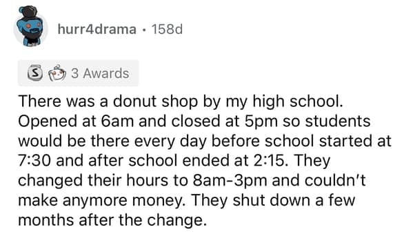 There was a donut shop by my high school. Opened at 6am and closed at 5pm so students would be there every day before school started at 7:30 and after school ended at 2:15. They changed their hours to 8am-3pm and couldn't make anymore money. They shut down a few months after the change.