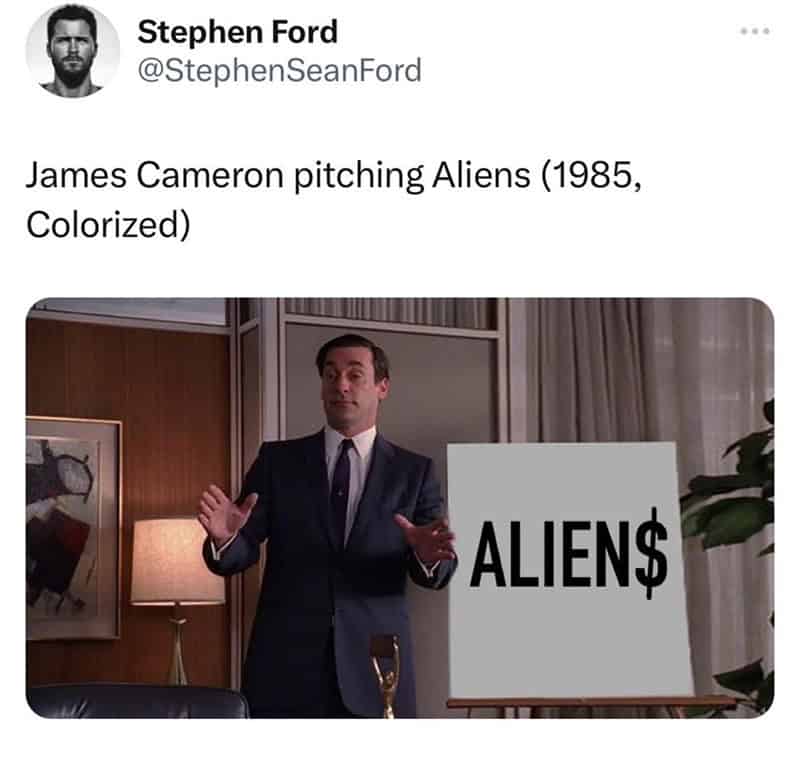 xenomorph memes. James Cameron pitching Aliens (1985, Colorized)
