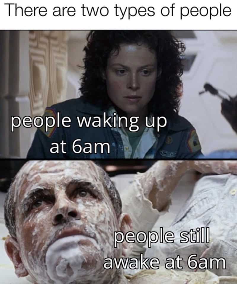 xenomorph memes. There are two types of people people waking up at 6am people still awake at 6am