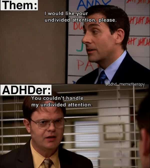 ADHD memes. Them: ANAK I would like your undivided attention, please.