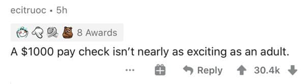 A $1000 pay check isn't nearly as exciting as an adult.