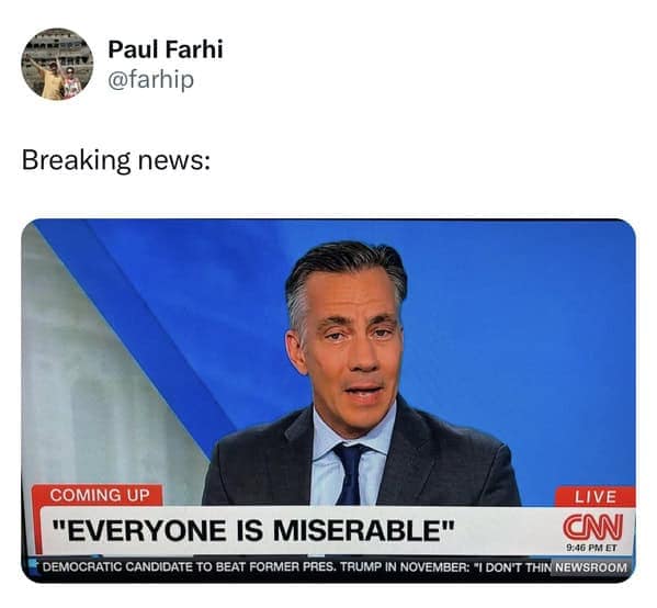 funny memes. Breaking news: COMING UP LIVE "EVERYONE IS MISERABLE"