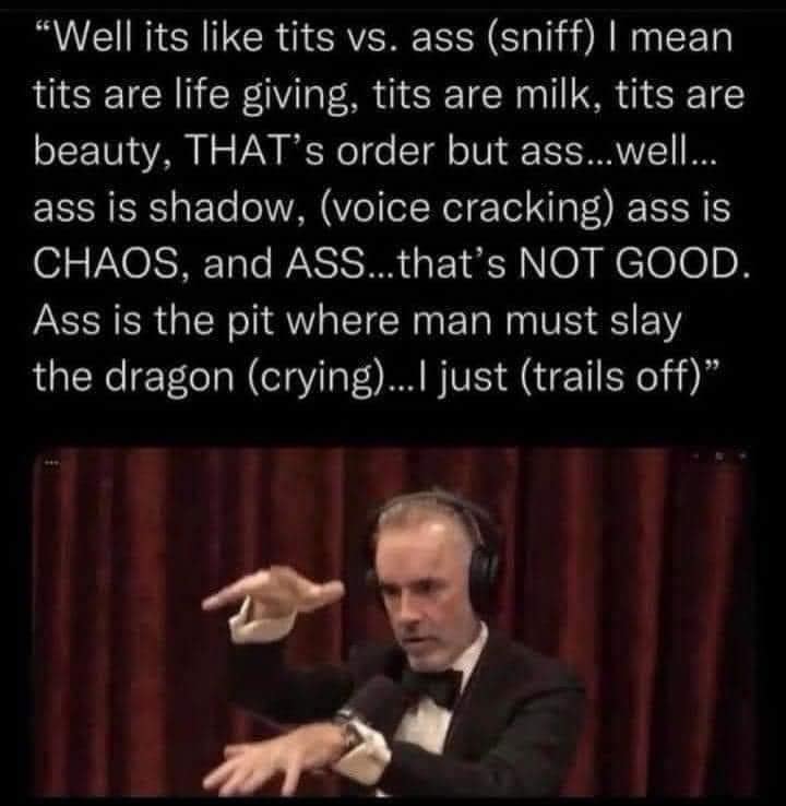 funny memes. "Well its like tits vs. ass (sniff) | mean tits are life giving, tits are milk, tits are beauty, THAT's order but ass... well... ass is shadow, (voice cracking) ass is CHAOS, and ASS...that's NOT GOOD. Ass is the pit where man must slay the dragon (crying)...l just (trails off)"