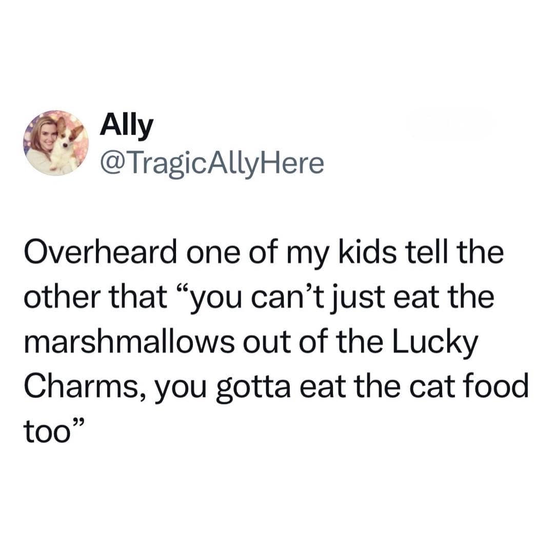 funny memes. Overheard one of my kids tell the other that "you can't just eat the marshmallows out of the Lucky Charms, you gotta eat the cat food too"