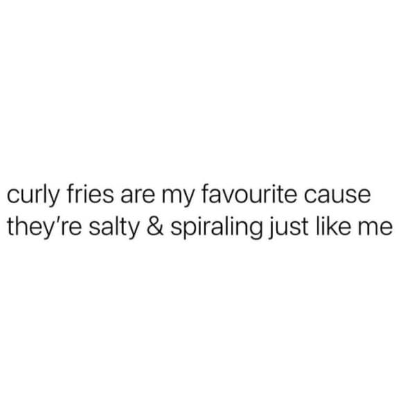 funny memes. curly fries are my favourite cause they're salty & spiraling just like me