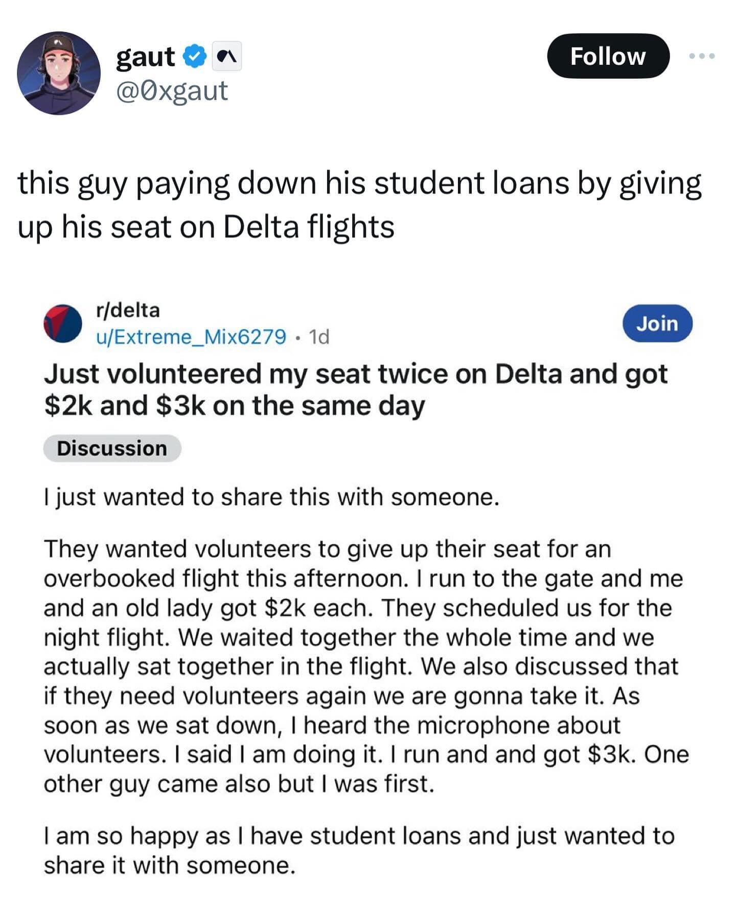funny pics. this guy paying down his student loans by giving up his seat on Delta flights