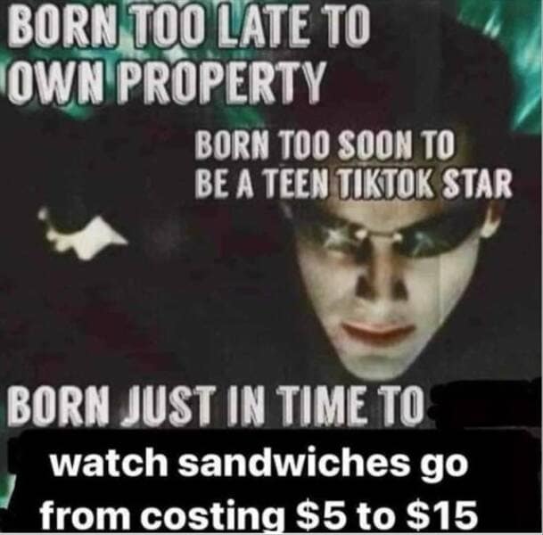funny memes. BORN TOO LATE TO OWN PROPERTY BORN TOO SOON TO BE A TEEN TIKTOK STAR BORN JUST IN TIME TO watch sandwiches go from costing $5 to $15