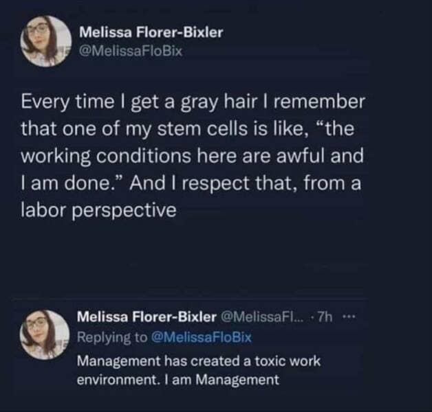 funny memes. Every time I get a gray hair I remember that one of my stem cells is like, "the working conditions here are awful and I am done." And I respect that, from a labor perspective