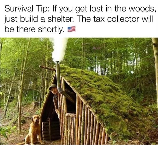 funny pics. Survival Tip: If you get lost in the woods, just build a shelter. The tax collector will be there shortly.