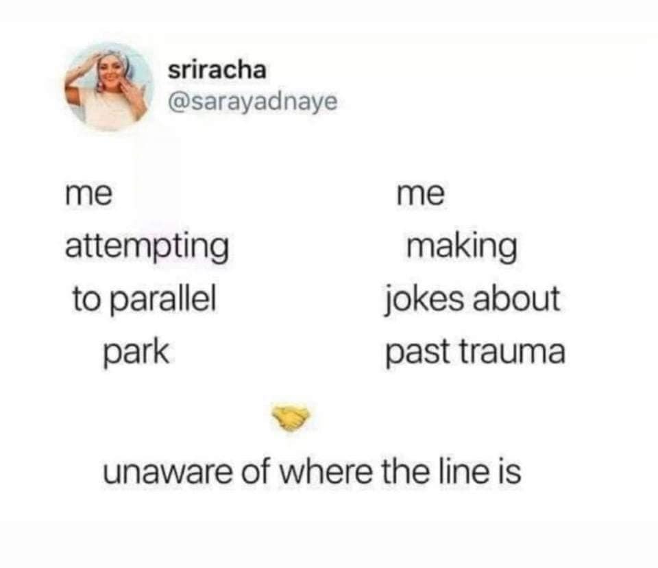 funny pics. me attempting to parallel park me making jokes about past trauma unaware of where the line is