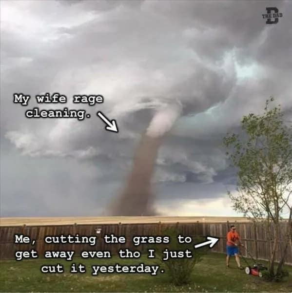 funny memes. My wife rage cleaning. Me, cutting the grass to get away even tho I just cut it yesterday.