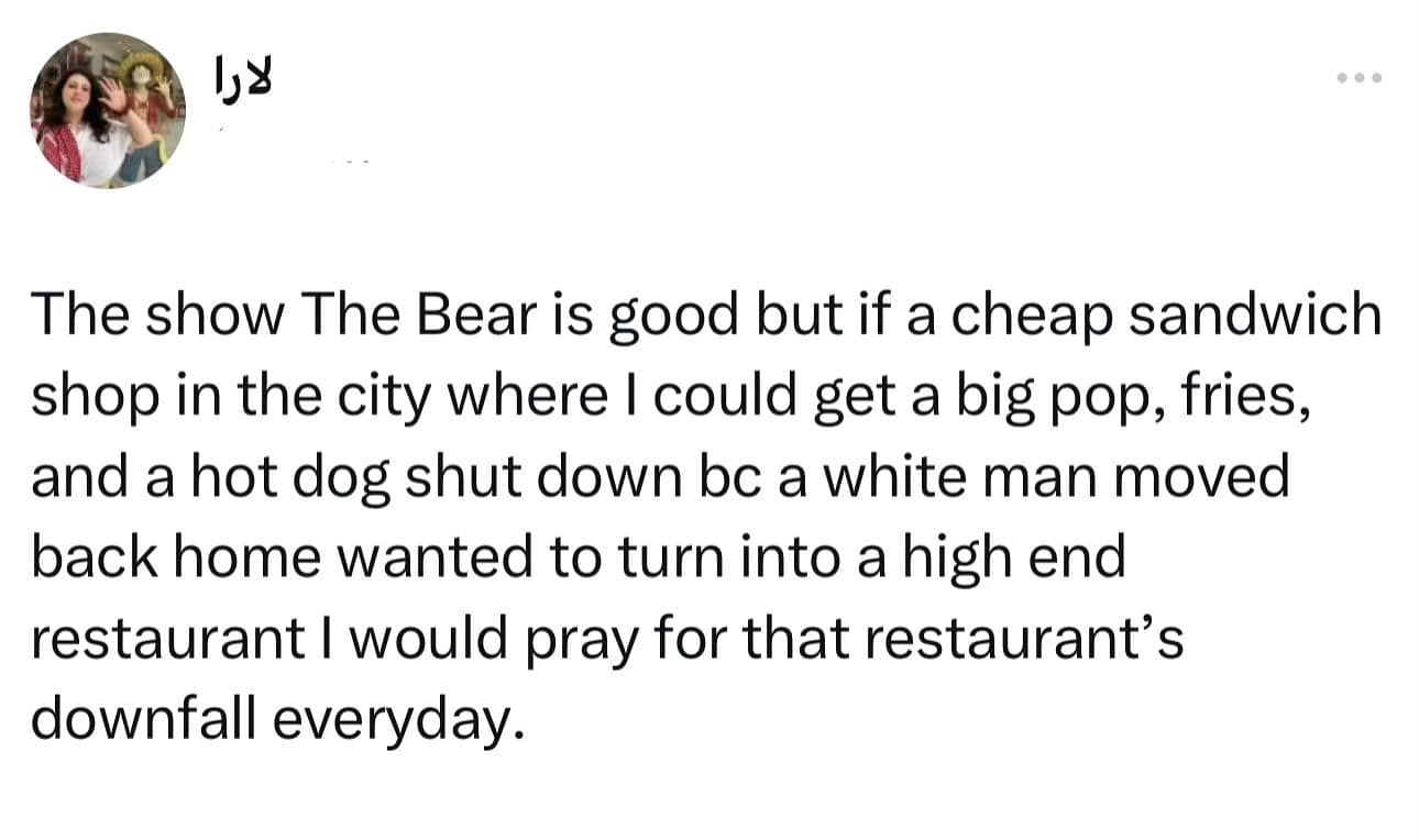 funny pics. The show The Bear is good but if a cheap sandwich shop in the city where I could get a big pop, fries, and a hot dog shut down bc a white man moved back home wanted to turn into a high end restaurant I would pray for that restaurant's downfall everyday.