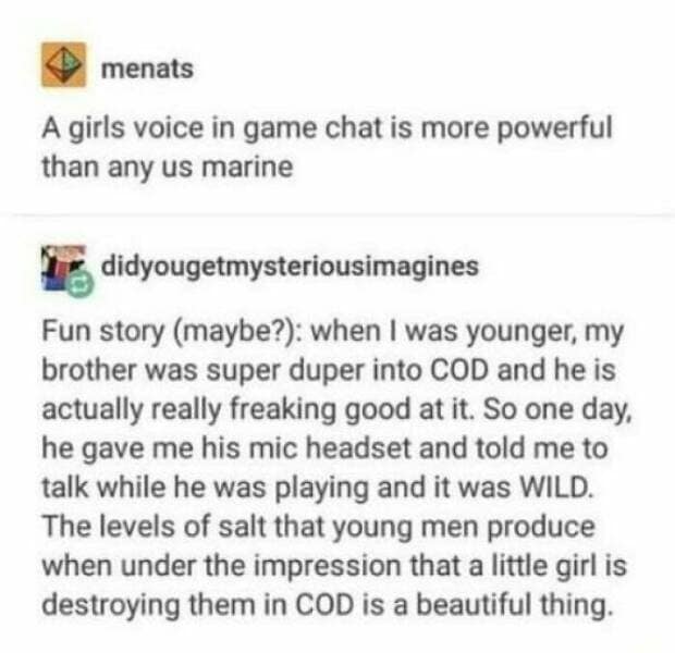 Fun story (maybe?): when I was younger, my brother was super duper into COD and he is actually really freaking good at it. So one day, he gave me his mic headset and told me to talk while he was playing and it was WILD. The levels of salt that young men produce