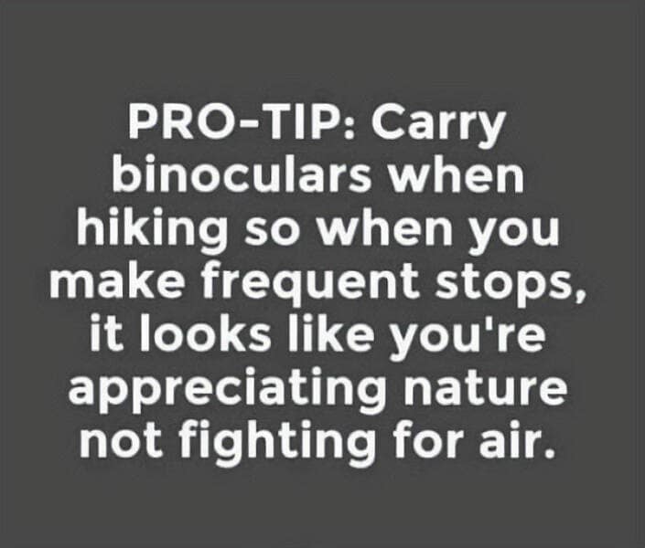 good dad joke. PRO-TIP: Carry binoculars when hiking so when you make frequent stops, it looks like you're appreciating nature not fighting for air.