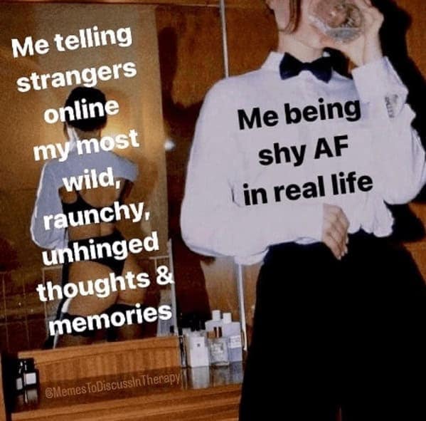 introvert memes. Me telling strangers online my most wild, raunchy, unhinged thoughts & memories ©Memes ToDiscussin/herapy Me being shy AF in real life