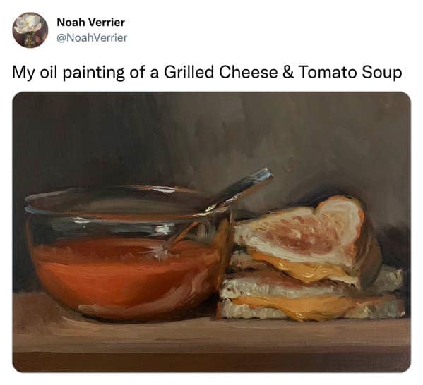 noah verrier, photorealistic art, viral grilled cheese paintings, funny food art, realistic paintings, viral art, humorous paintings