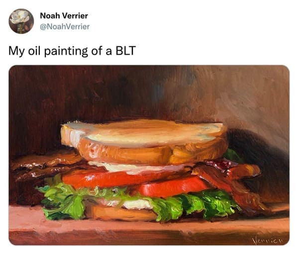 noah verrier, photorealistic art, viral grilled cheese paintings, funny food art, realistic paintings, viral art, humorous paintings