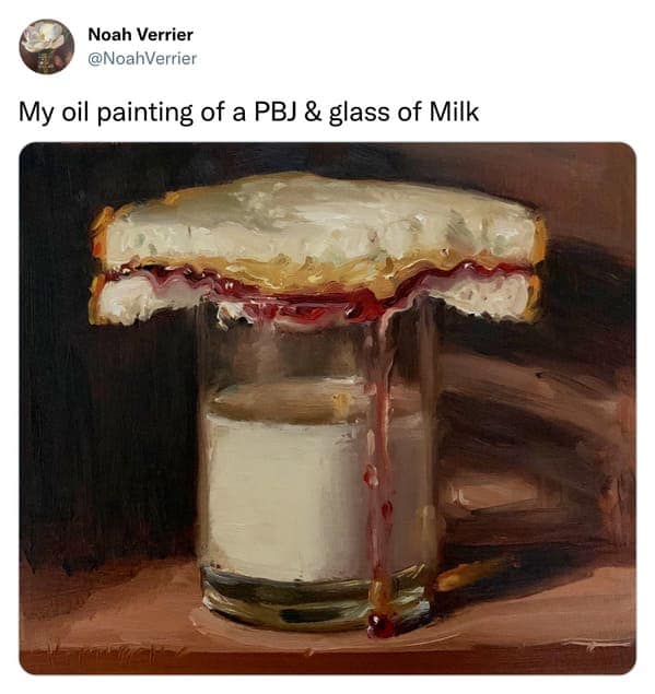 noah verrier, photorealistic art, viral grilled cheese paintings, funny food art, realistic paintings, viral art, humorous paintings