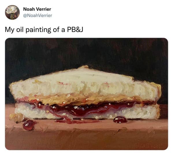 noah verrier, photorealistic art, viral grilled cheese paintings, funny food art, realistic paintings, viral art, humorous paintings