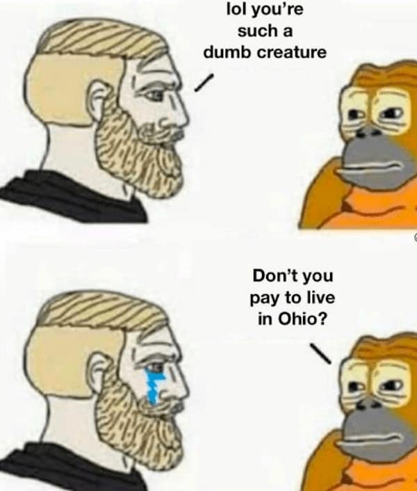 Ohio memes. lol you're such a dumb creature Don't you pay to live in Ohio?