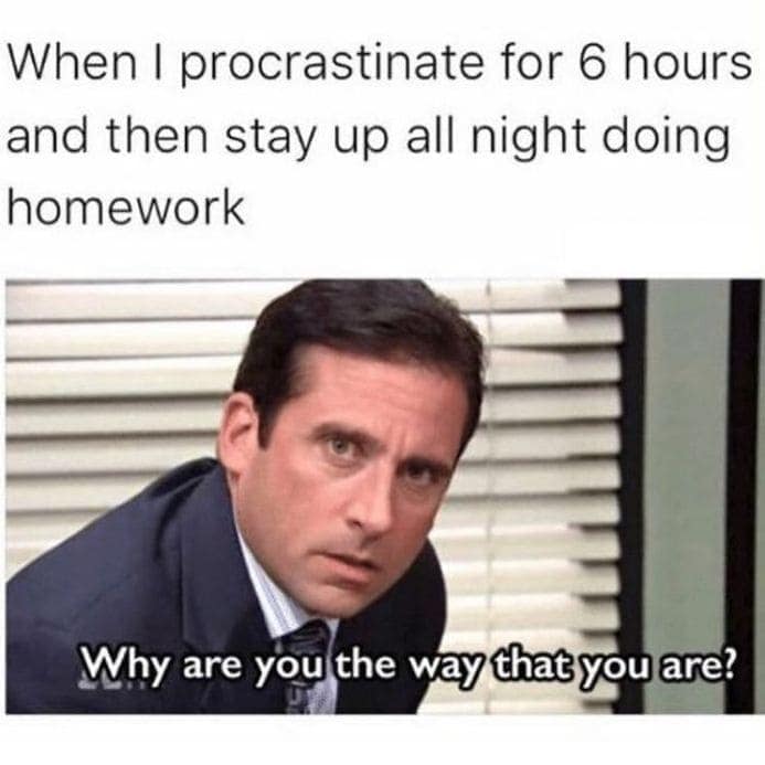 procrastination memes. When I procrastinate for 6 hours and then stay up all night doing homework Why are you the way that you are?