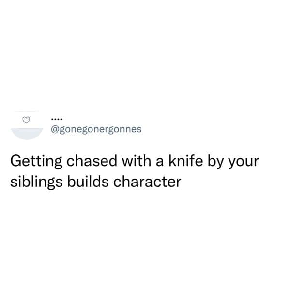 sibling memes. Getting chased with a knife by your siblings builds character