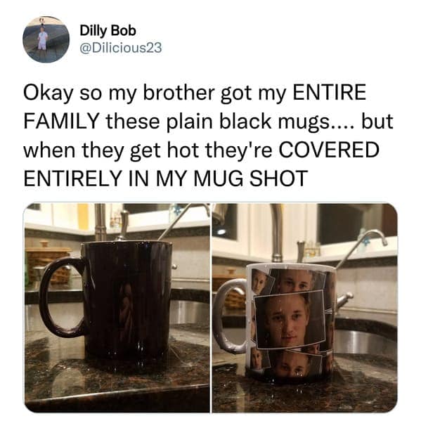 sibling memes. Okay so my brother got my ENTIRE FAMILY these plain black mugs.... but when they get hot they're COVERED ENTIRELY IN MY MUG SHOT