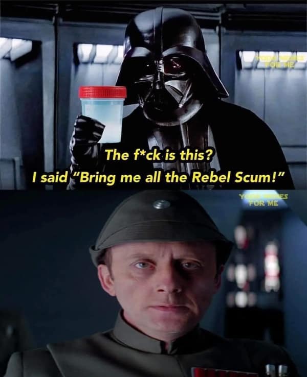 Star Wars memes. I said "Bring me all the Rebel Scum!"