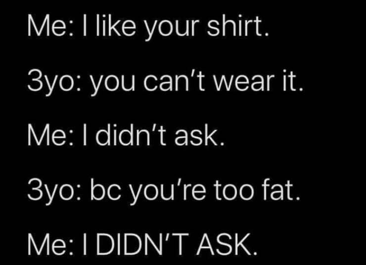 toddler memes. Me: 1 like your shirt. 3yo: you can't wear it. Me: I didn't ask. 3yo: bc you're too fat. Me: I DIDN'T ASK.