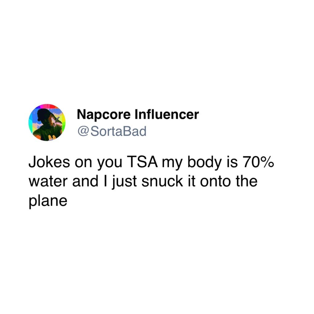 travel memes. Jokes on you TSA my body is 70% water and I just snuck it onto the plane