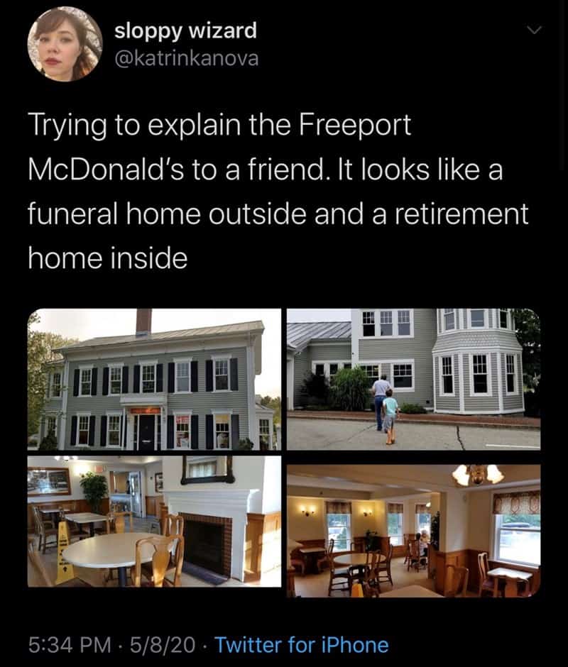Trying to explain the Freeport McDonald's to a friend. It looks like a funeral home outside and a retirement home inside