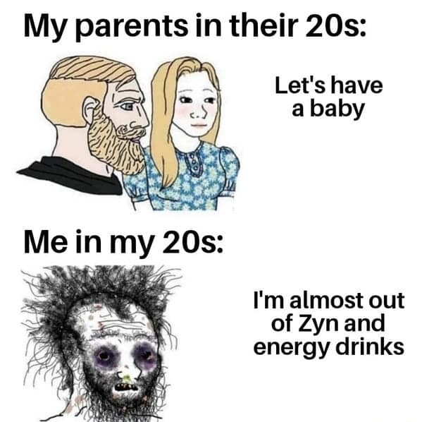 Zen memes. My parents in their 20s: Let's have a baby Me in my 20s: I'm almost out of Zyn and energy drinks