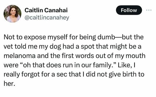 Not to expose myself for being dumb-but the vet told me my dog had a spot that might be a melanoma and the first words out of my mouth were "oh that does run in our family." Like, I really forgot for a sec that I did not give birth to her.