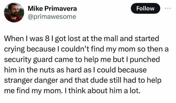 When I was 8 l got lost at the mall and started crying because I couldn't find my mom so then a security guard came to help me but I punched him in the nuts as hard as I could because stranger danger and that dude still had to help me find my mom. I think about him a
