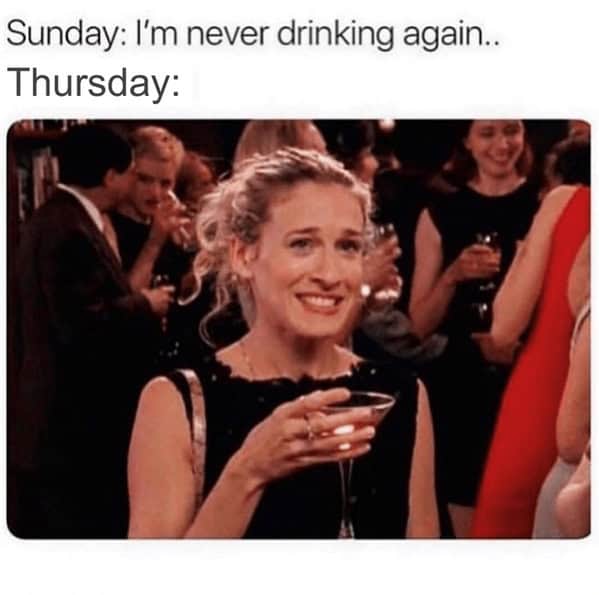 booze memes. Sunday: I'm never drinking again.. Thursday: