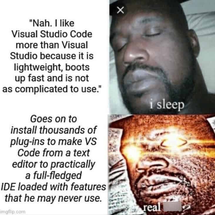 "Nah. I like Visual Studio Code more than Visual Studio because it is lightweight, boots up fast and is not as complicated to use." Goes on to install thousands of plug-ins to make VS Code from a text editor to practically a full-fledged IDE loaded with features that he may never use.