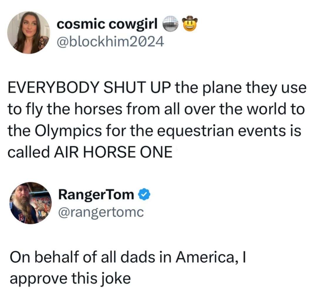 dad memes. EVERYBODY SHUT UP the plane they use to fly the horses from all over the world to the Olympics for the equestrian events is called AIR HORSE ONE