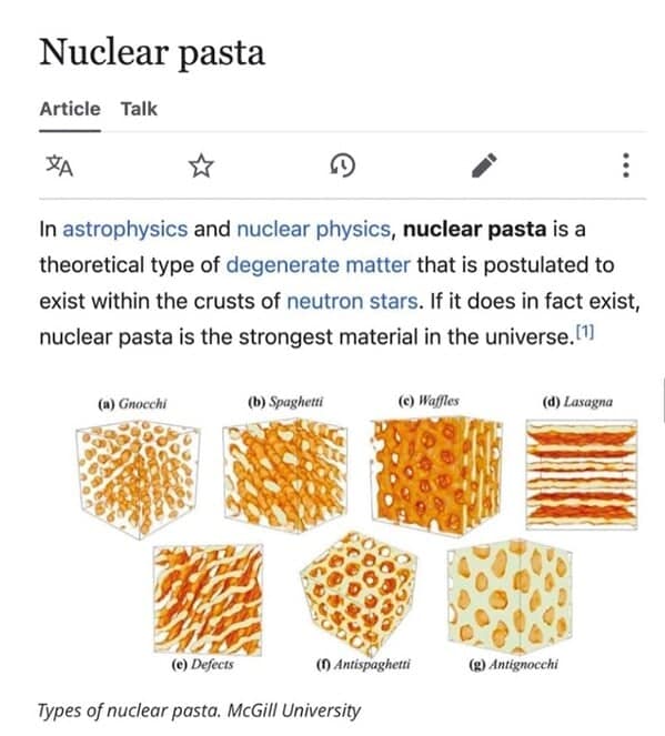 In astrophysics and nuclear physics, nuclear pasta is a theoretical type of degenerate matter that is postulated to exist within the crusts of neutron stars. If it does in fact exist, nuclear pasta is the strongest material in the universe.