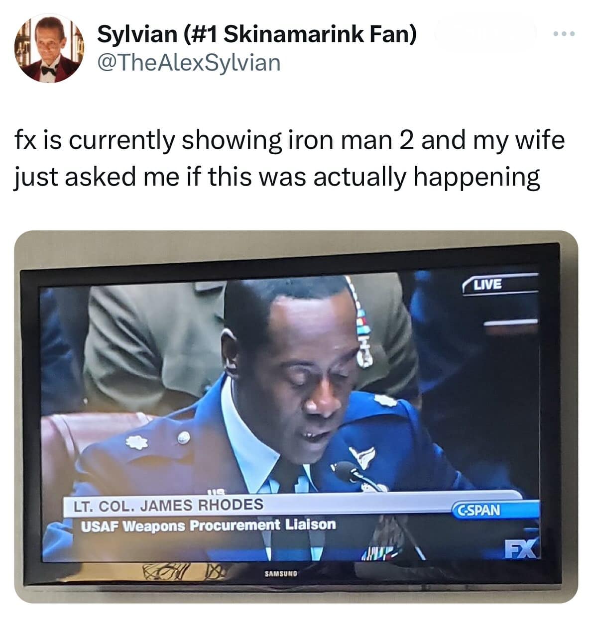 funny memes. fx is currently showing iron man 2 and my wife just asked me if this was actually happening