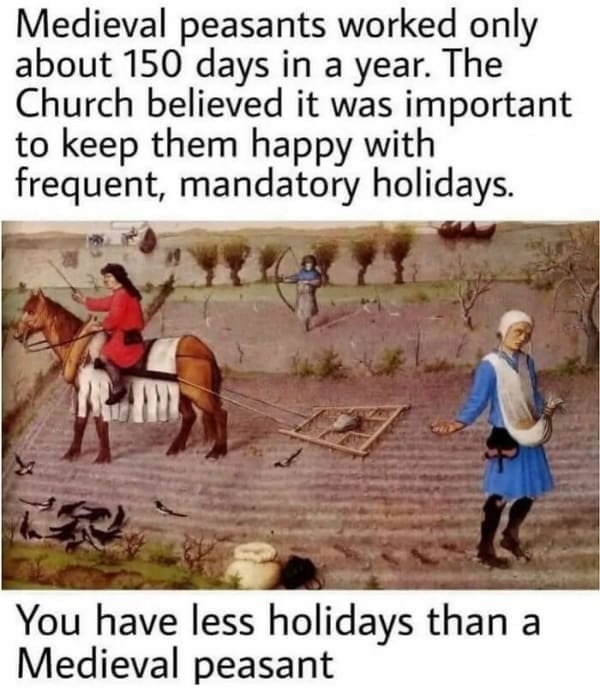 funny history memes. Medieval peasants worked only about 150 days in a year. The Church believed it was important to keep them happy with frequent, mandatory holidays. You have less holidays than a Medieval peasant