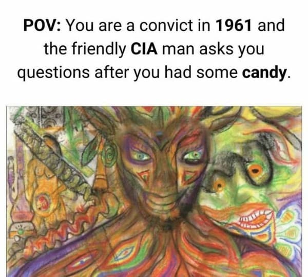 funny history memes. POV: You are a convict in 1961 and the friendly CIA man asks you questions after you had some candy.