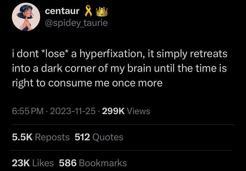 funny memes. i dont *lose* a hyperfixation, it simply retreats into a dark corner of my brain until the time is right to consume me once more