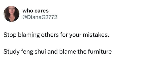 funny memes. Stop blaming others for your mistakes. Study feng shui and blame the furniture