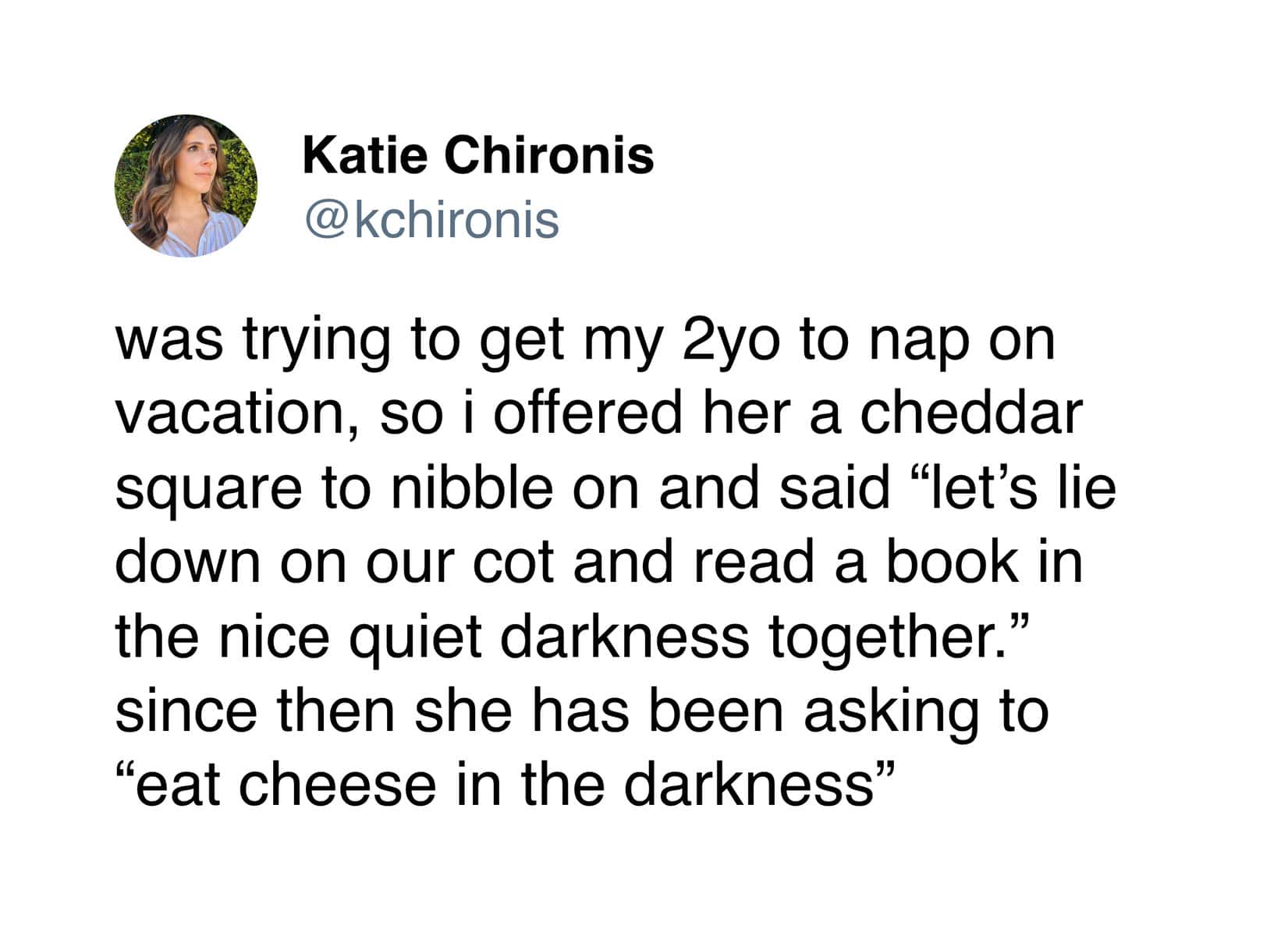 funny memes. was trying to get my 2yo to nap on vacation, so i offered her a cheddar square to nibble on and said "let's lie down on our cot and read a book in the nice quiet darkness together." since then she has been asking to "eat cheese in the darkness"