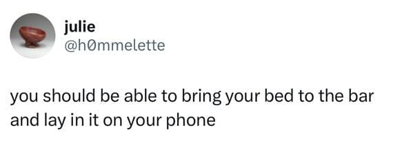 funny pics. you should be able to bring your bed to the bar and lay in it on your phone