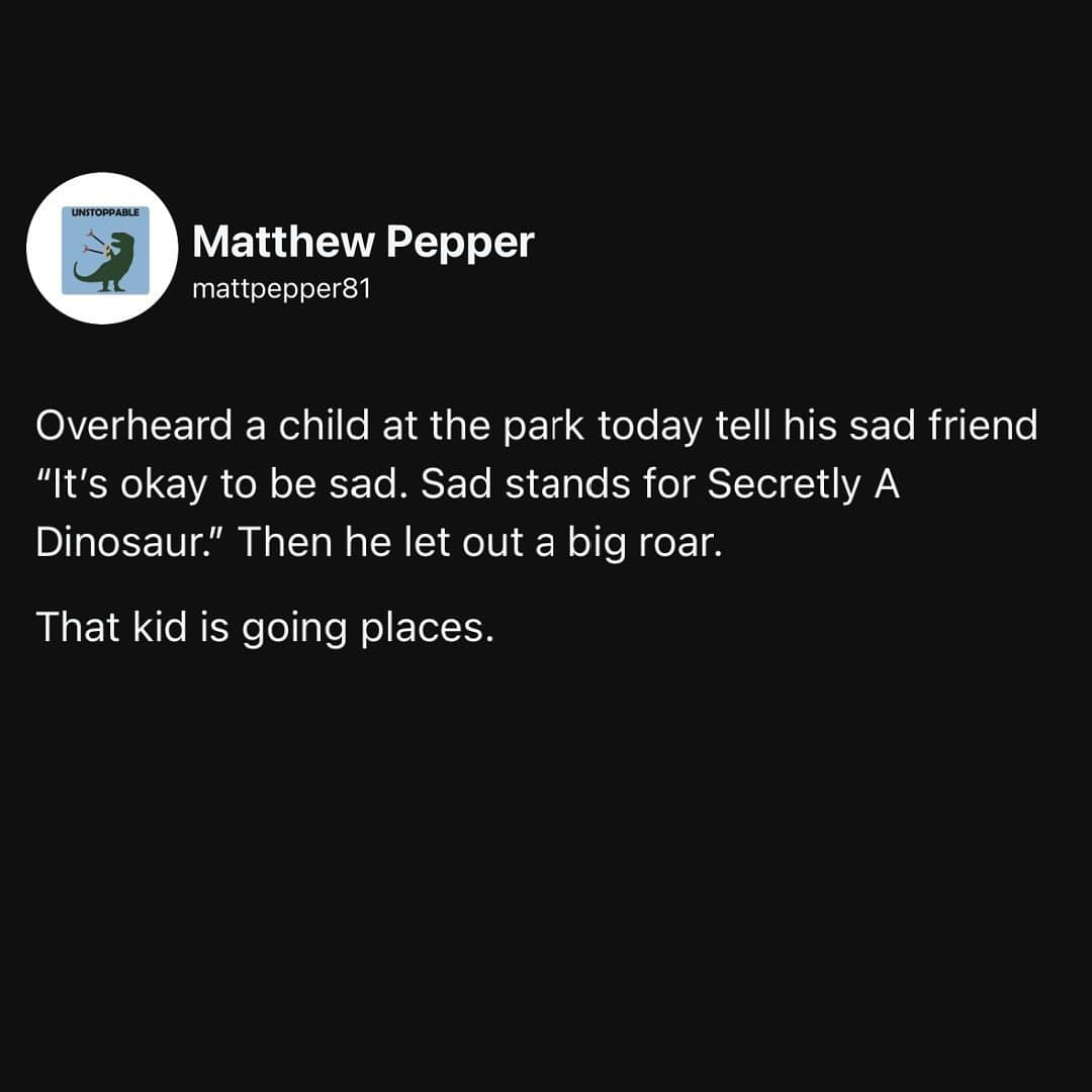 funny pics. Overheard a child at the park today tell his sad friend "It's okay to be sad. Sad stands for Secretly A Dinosaur." Then he let out a big roar. That kid is going places.