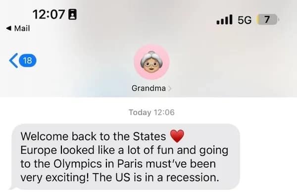 funny pics. Welcome back to the States Europe looked like a lot of fun and going to the Olympics in Paris must've been very exciting! The US is in a recession.