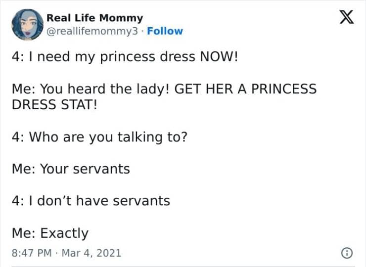 4: 1 need my princess dress NOW! Me: You heard the lady! GET HER A PRINCESS DRESS STAT! 4: Who are you talking to? Me: Your servants 4: 1 don't have servants Me: Exactly